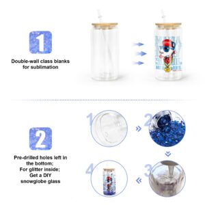 CHLJAR 16oz Snow Globe Tumbler, 25pack Sublimation Snowglobe Cup with Bamboo Lids and Straws, Double Walled Glass Mug Bulk, Pre Drilled Glass Blank for Snow Globe Glitter, Individual Packaging