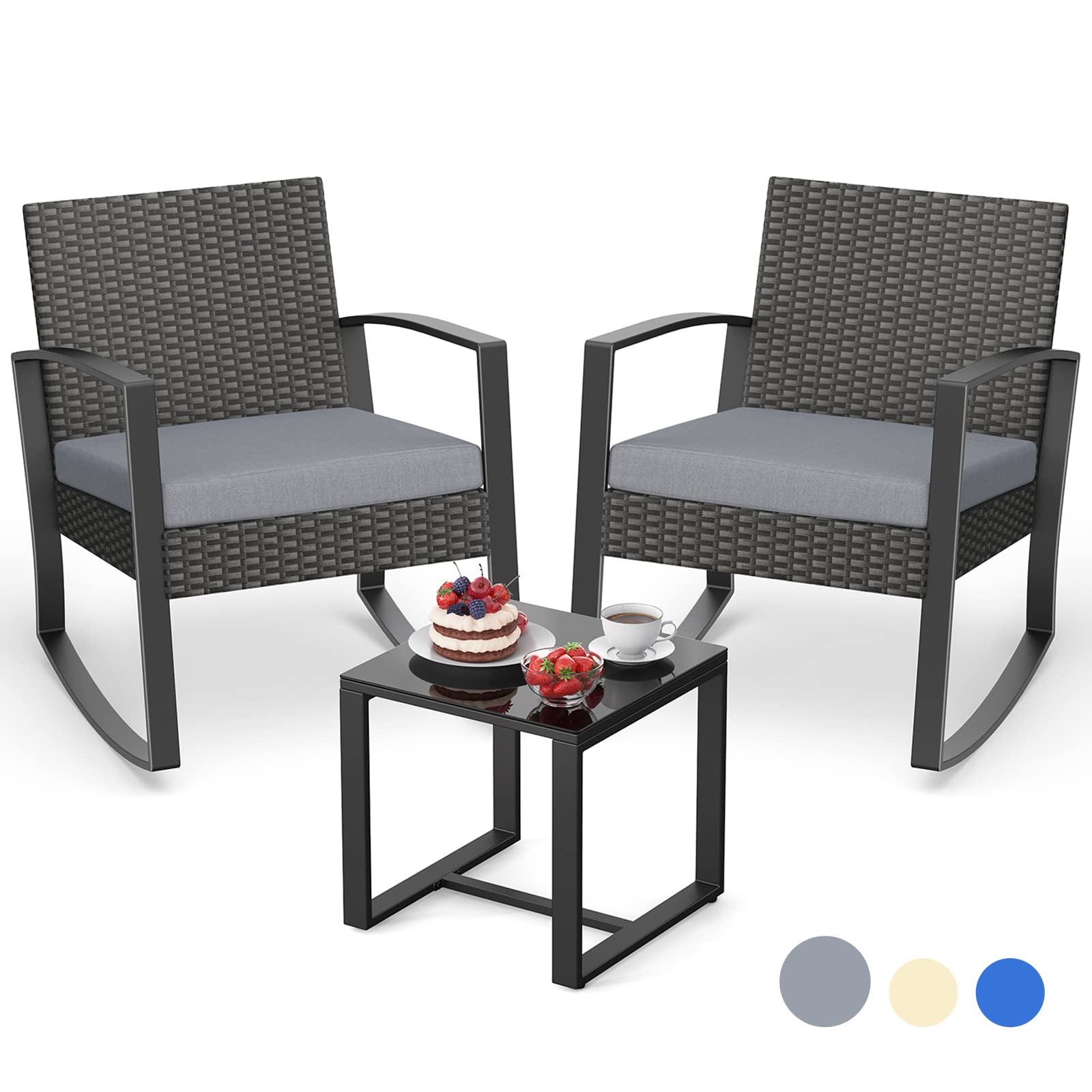 Aiho 3 Pieces Patio Furniture Set, Outdoor Rocking Chair Sets with Cushion, Modern Rattan Conversation Sets for Porches and Balcony, Gray Cushion