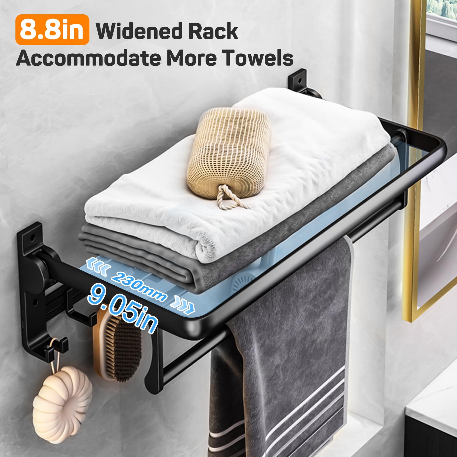 Towel Racks for Bathroom 24in, Black Towel Rack Wall Mounted, Foldable Bathroom Towel Rack with Shelf, Towel Holder with Towel Bar, Drilling/Adhesive Wall Towel Rack for Rental/Laundry,5 Sliding Hooks