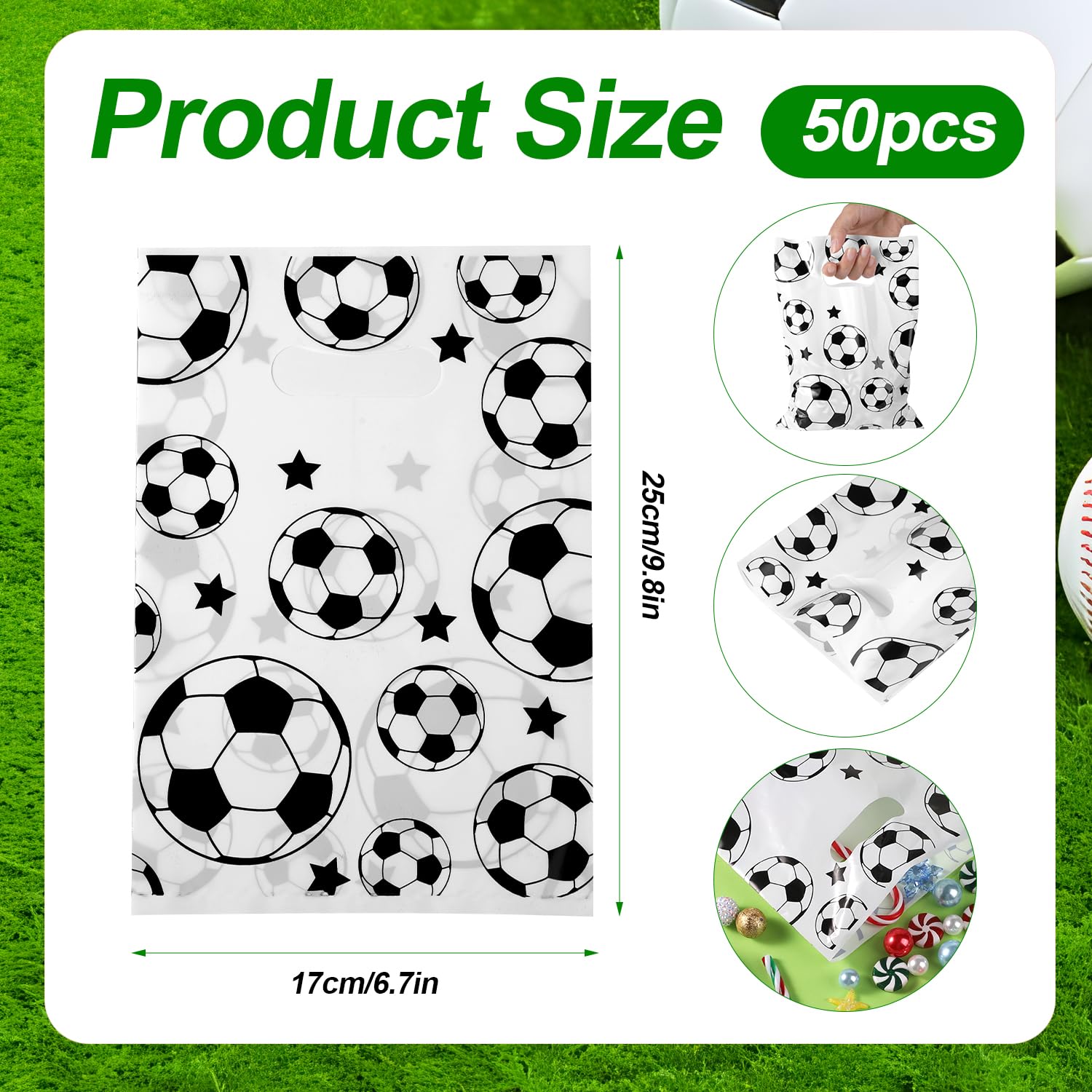 PEUTIER 50pcs Soccer Gift Bags, Plastic Soccer Party Bags Soccer Goodie Goody Snack Treat Candy Bags Soccer Present Party Favor Bags for Team Kids Teens Games Sports Events Supplies (White)