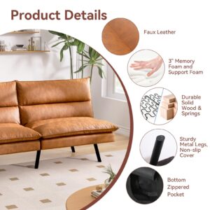 Hcore, Faux Leather Futon Couch, Memory Foam Small Splitback Loveseat Sleeper Sofa Bed Sofabed, Pure Brown