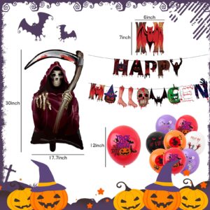 56Pcs Halloween Balloons Party Decorations Horror Hanging Banner Streamers Paper Cake Toppers Skull Balloon Swirls Decorations for Indoor Halloween Birthday Party Supplies