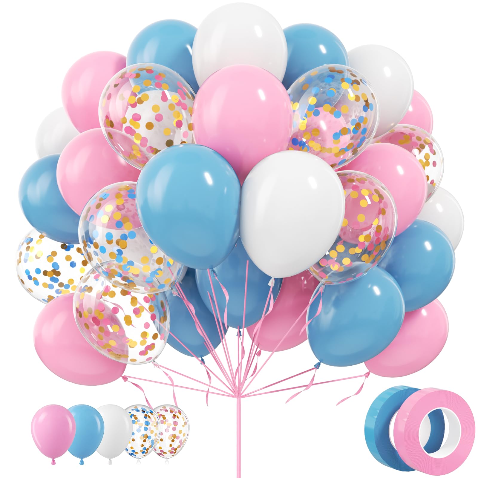 ADOINBY Pink Blue White Balloons, 70 Pcs 12 inch Pink Blue and White Balloons Confetti Latex Balloon with Ribbon for Gender Reveal Baby Shower Birthday Bridal Shower Wedding Party Decorations Supplies