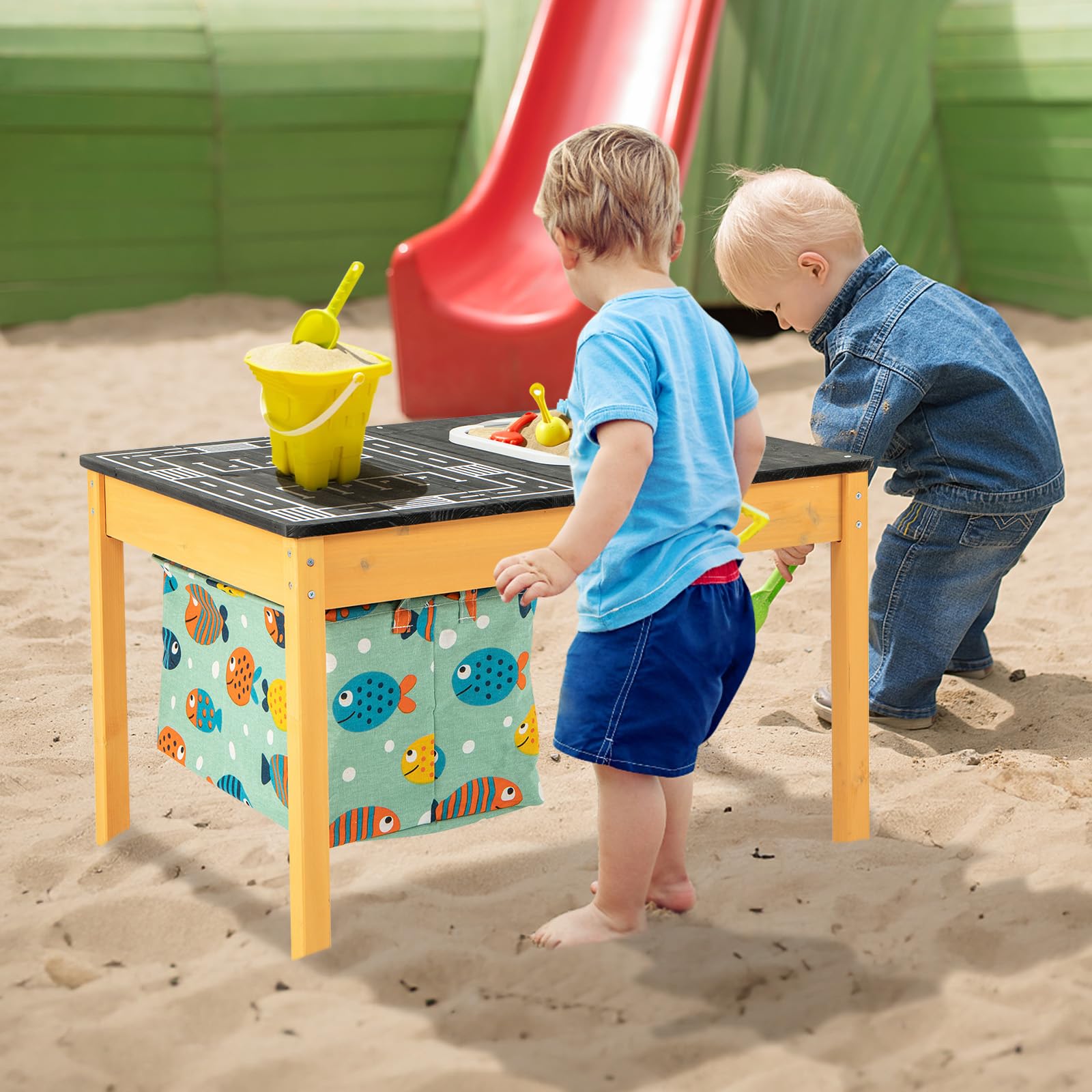 Costzon Sensory Table, 3-in-1 Wooden Sand Table w/Water Basin with Drain, Large Capacity Storage Bag, Racing Track & Parking Lot, Indoor Outdoor Kids Activity Table for 3-8 Years Old Boys Girls