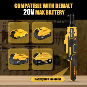 Electric Ratchet, Cordless Ratchet Wrench 3/8" Compatible with DEWALT 20V Battery, 74Ft-lb, 580 RPM, Variable Speed Trigger, LED Light, 3/8" to 1/4" Adapter, 9 Sockets, No Battery Included