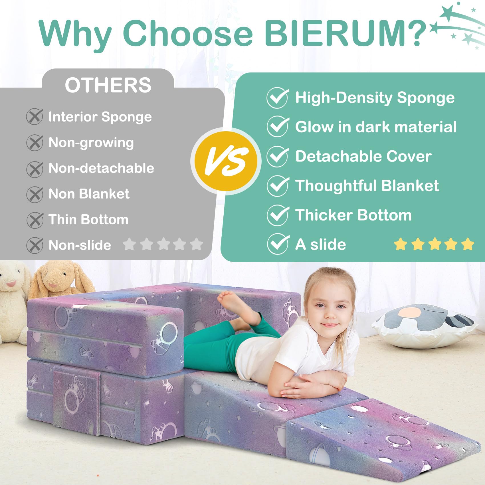 BIERUM Toddler Couch with Blanket, 3-in-1 Luminous Kids Couches and Sofas Fold Out, Convertible Sofa to Playful Slide for Girls and Boys, Extra Softer Kids Sofa Chair for Bedroom Playroom