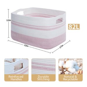 R RUNKA Large Rectangular Cotton Rope Storage Basket - 82L- Ideal for Toy Storage, Blankets, Laundry, Woven Organizer for Living Room, Bedroom - 22"x17"x12"（White & Pink）