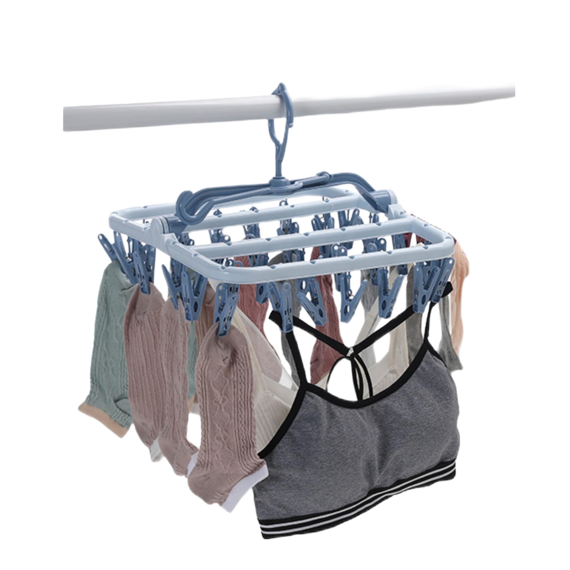 Trrcylp Clothes Drying Racks Collapsible Clip Hangers Plastic with 32 Clips Windproof Hook Underwear Hanger Foldable Laundry Clip for Socks Bras Blue