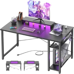 besiost gaming desk with lights, reversible computer desk with power strips, 39.4 inch gaming desk with moveable monitor stand and shelves, small desk for small spaces, pc gaming desk for home, black