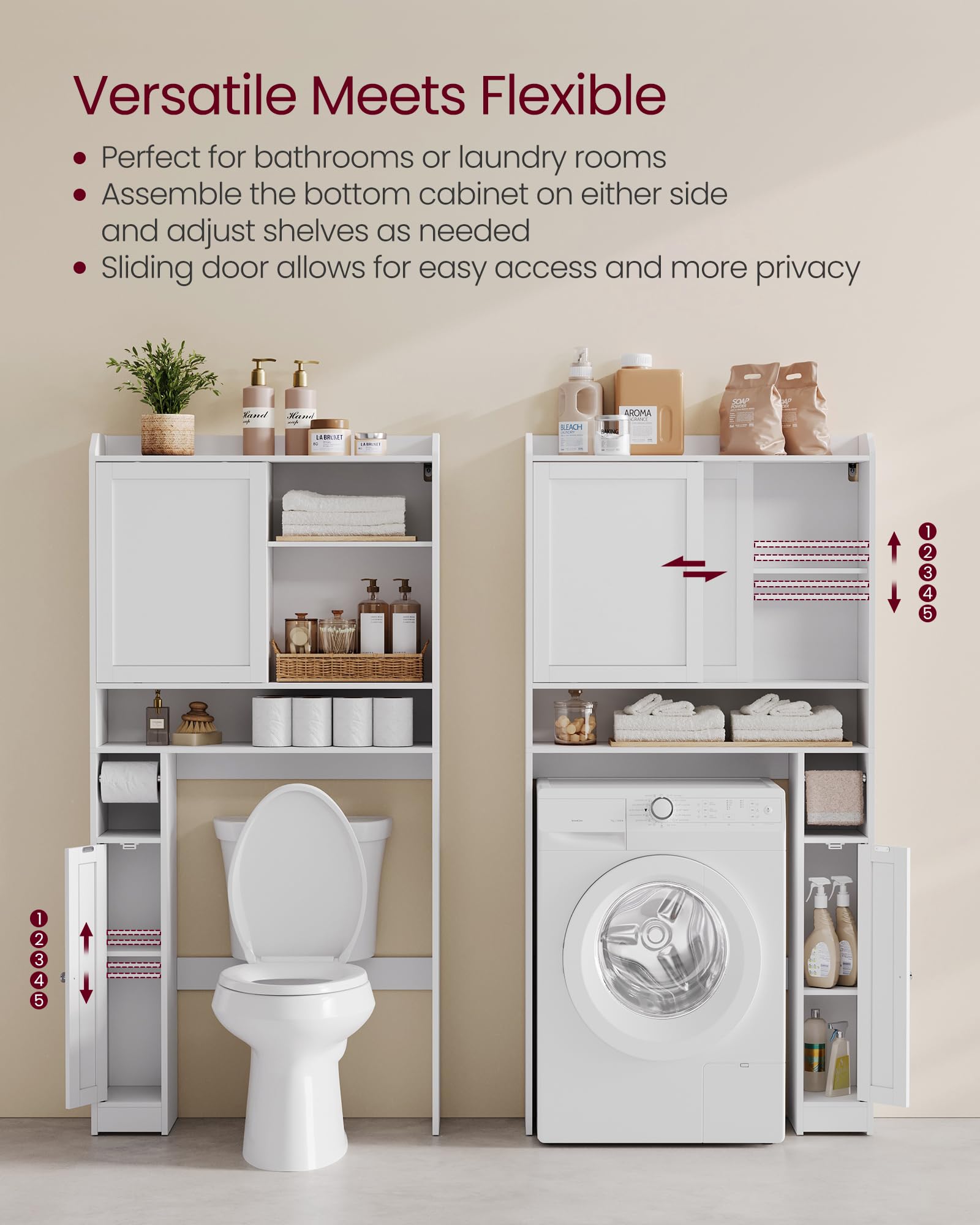 VASAGLE Over The Toilet Storage Shelf, Bathroom Storage Cabinet with Sliding Door, Adjustable Shelves, Toilet Paper Holder, Space-Saving, Modern, 9.8 x 32.7 x 66.9 Inches, Cloud White UBTS018W01