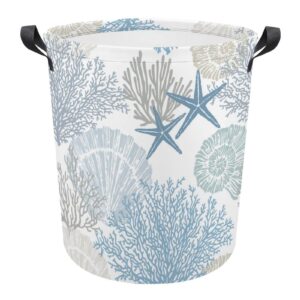 laundry basket ocean coastal coral starfish seahorse,waterproof collapsible clothes hamper blue sealife sea shell,large storage bag for bedroom bathroom