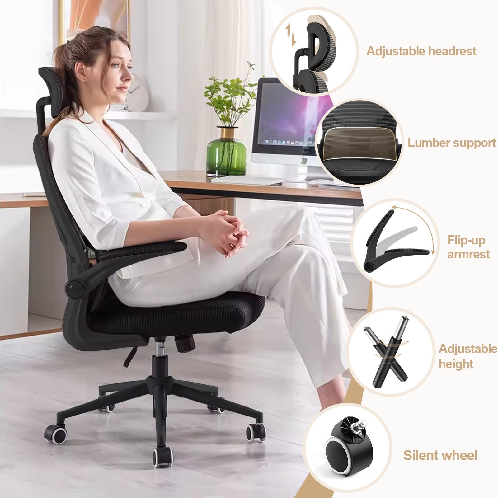 XUEGW Ergonomic Mesh Office Chair Computer Desk Chair with FILP up Armrest Gaming Chair with Lumbar Support Adjustable Headrest Height Swivel Chair for Home and Office