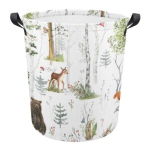 woodland animals laundry basket,collapsible clothes hamper waterproof forest fox bear deer storage basket with handle kids room jungle deer laundry hamper with drawstring