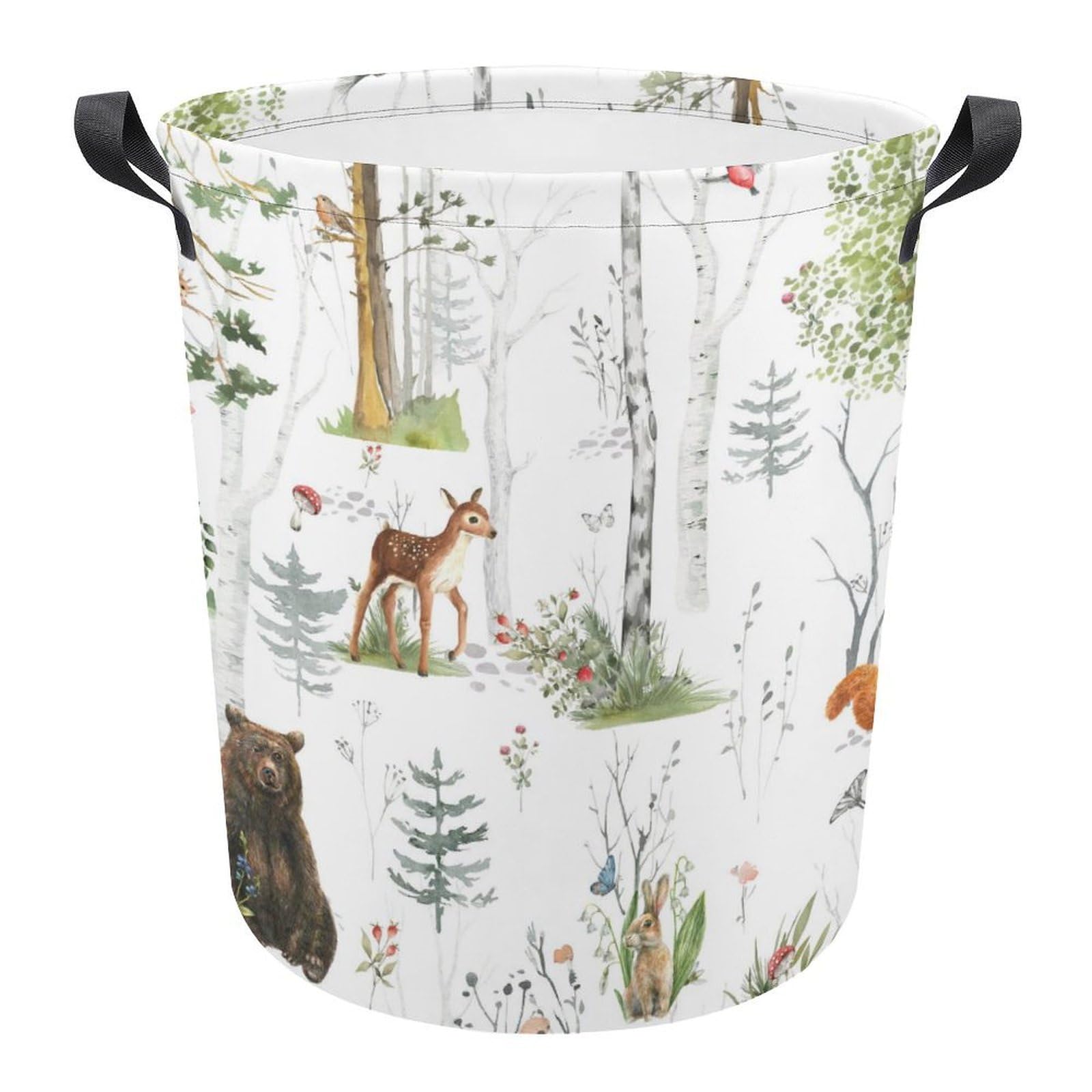 Woodland Animals Laundry Basket,Collapsible Clothes Hamper Waterproof Forest Fox Bear Deer Storage Basket with Handle Kids Room Jungle Deer Laundry Hamper with Drawstring