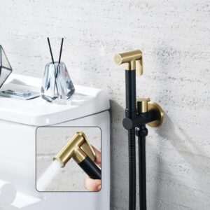 WRKMH Hand Held Bidet Sprayer for Toilet, Black and Brushed Gold Toilet Sprayer Attachment Wall Mounted Cloth Diaper Sprayer Single Cold Brass Handheld Bidet Sprayer with 59 Inch Shower Hose