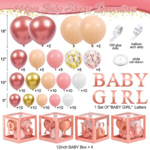 144Pcs Rose Gold Balloons Baby Shower Decorations for Girl Baby Boxes with Letters Pink Princess Balloon Arch Kit Kids Gender Reveal Wedding Bridal Birthday Party Supplies