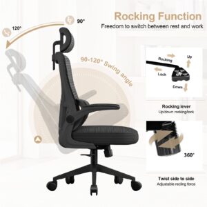 XUEGW Ergonomic Mesh Office Chair Computer Desk Chair with FILP up Armrest Gaming Chair with Lumbar Support Adjustable Headrest Height Swivel Chair for Home and Office