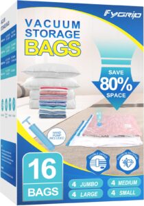 fygrip 16 pack vacuum storage bags with hand pump, 4 jumbo + 4 large + 4 medium + 4 small plastic packaging bags, 80% space saver vacuum seal bags for clothing, travel lugggage, blankets, comforters