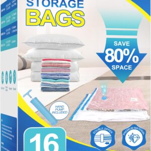 Fygrip 16 Pack Vacuum Storage Bags with Hand Pump, 4 Jumbo + 4 Large + 4 Medium + 4 Small Plastic Packaging Bags, 80% Space Saver Vacuum Seal Bags for Clothing, Travel Lugggage, Blankets, Comforters