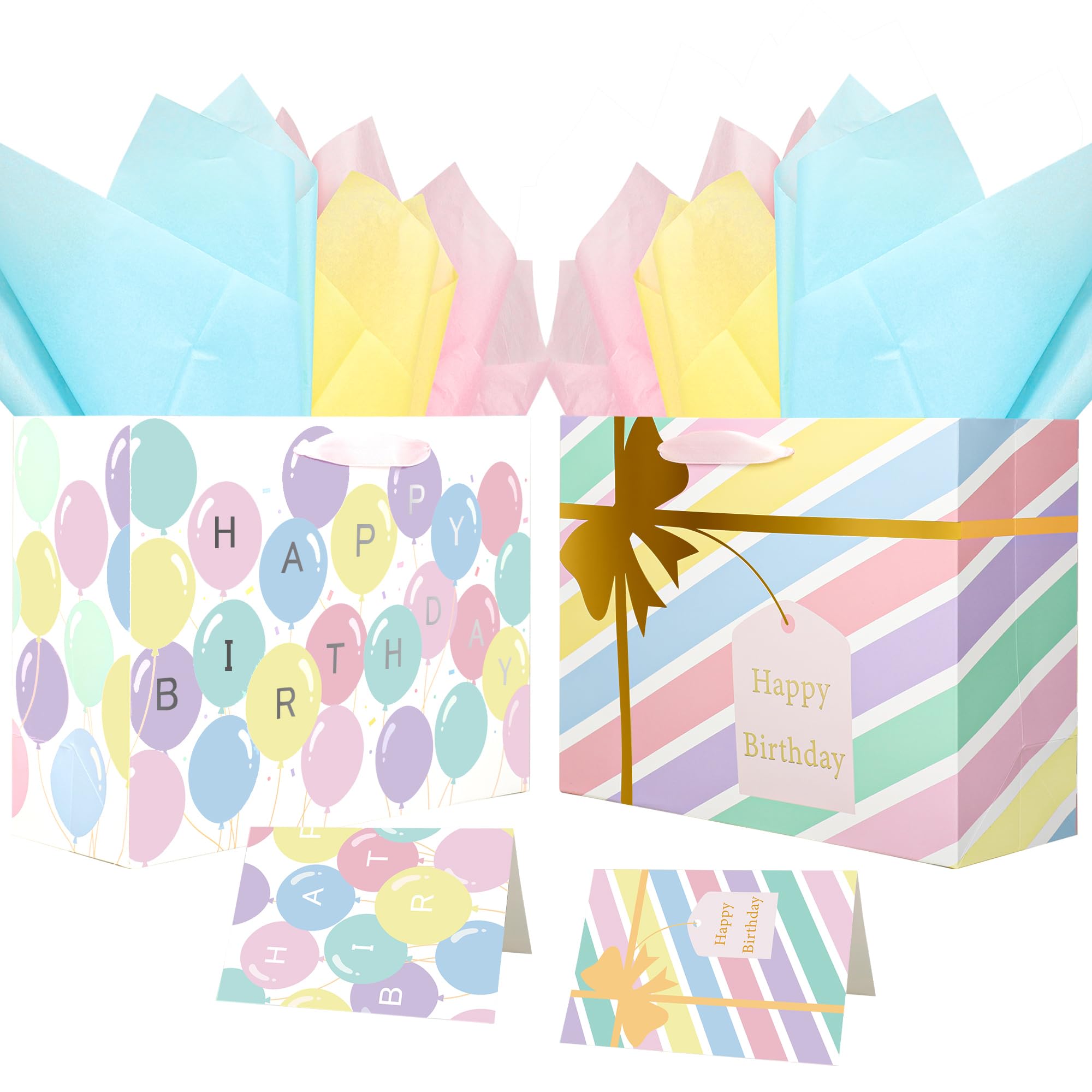 Pastel Birthday Gift Bags 10 x 13 Large Pastel Rainbow Paper Gift Wrap Bag with Tissue Paper Happy Birthday Gift Bags with Handles for Girls Birthday Wedding Baby Shower Party Supplies, 2 Pack