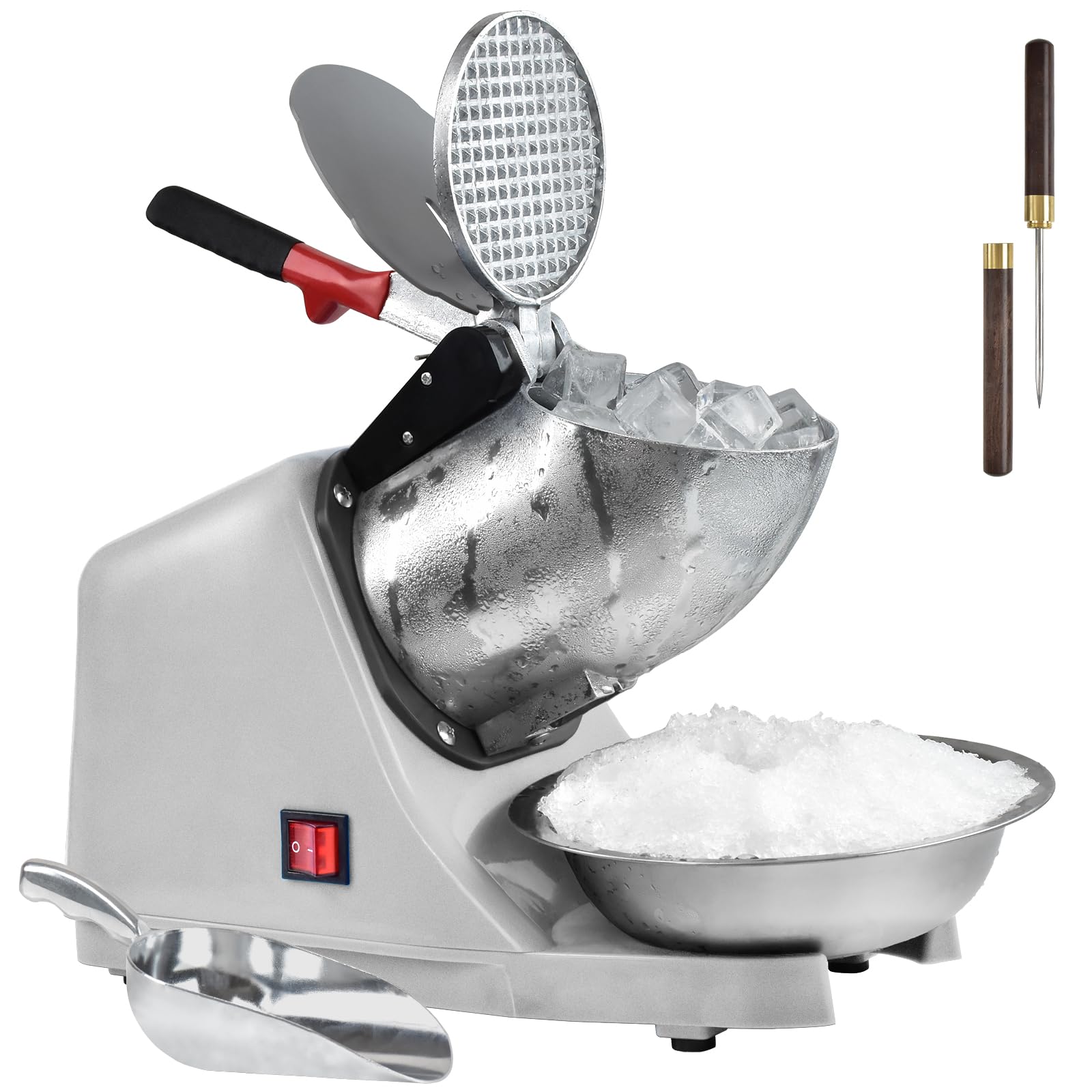 Electric Shaved Ice Machine,with Ice Pick and Scoop,3 Blades of Electric Snow Cone Machine(300W 2200r/min),Splash Proof Ice Shaver Machine,Ice Crusher Machine for Home Commercial Use (Silver)