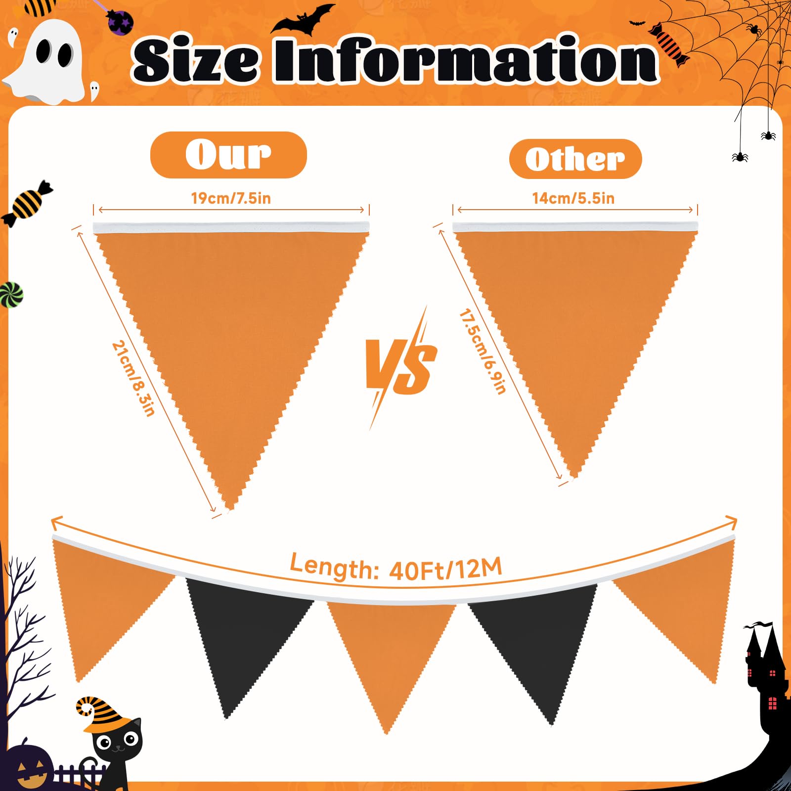 GCQQ Black Orange Banner Decoration, 40Ft Halloween Pennant Banner, 42Pcs Triangle Pennant Flags Banner, Fabric Flag Banner for Halloween, Grad, Birthday,Bridal Shower, Wedding Party Decoration