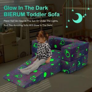 BIERUM Toddler Couch with Blanket, 3-in-1 Luminous Kids Couches and Sofas Fold Out, Convertible Sofa to Playful Slide for Girls and Boys, Extra Softer Kids Sofa Chair for Bedroom Playroom