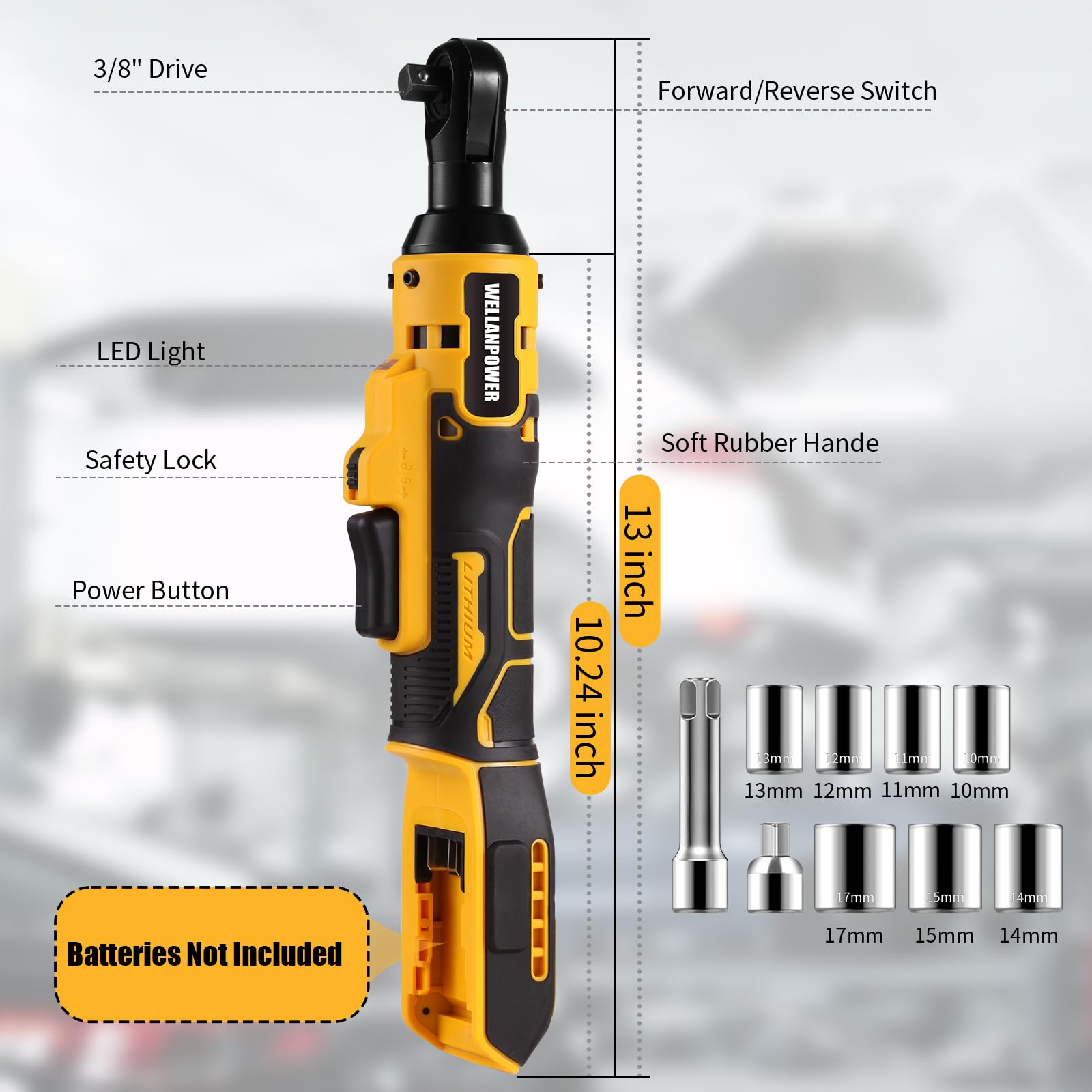 Electric Ratchet, Cordless Ratchet Wrench 3/8" Compatible with DEWALT 20V Battery, 74Ft-lb, 580 RPM, Variable Speed Trigger, LED Light, 3/8" to 1/4" Adapter, 9 Sockets, No Battery Included