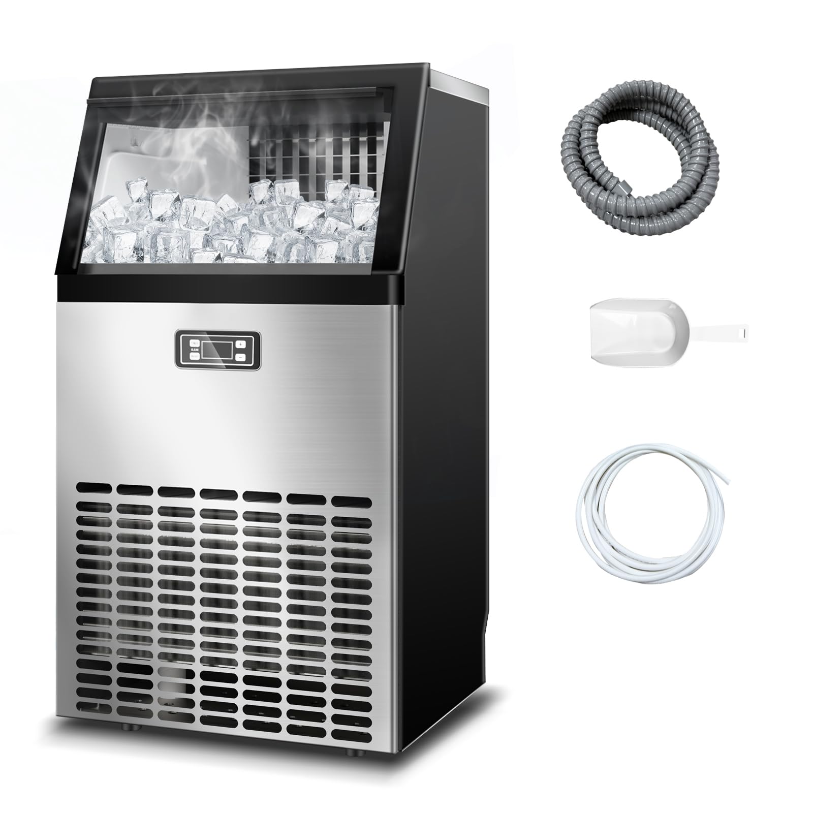 DOGHLY 120lbs/24H Commercial Ice Maker,48 Cubes/11mins, 33lbs Ice Storage Capacity, Counter Ice Maker Self Cleaning, 24 Hour Timer Stainless Steel Freestanding Ice Maker Machine (120lbs/day)