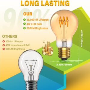 TobeBright A19 Vintage LED Edison Light Bulbs, 4W Equivalent 40W LED Bulbs, 2200K Amber Warm Light Bulbs, E26 Medium Base Spiral Filament Dimmable Light Bulbs for Bedroom Living Room Home, 2-Pack