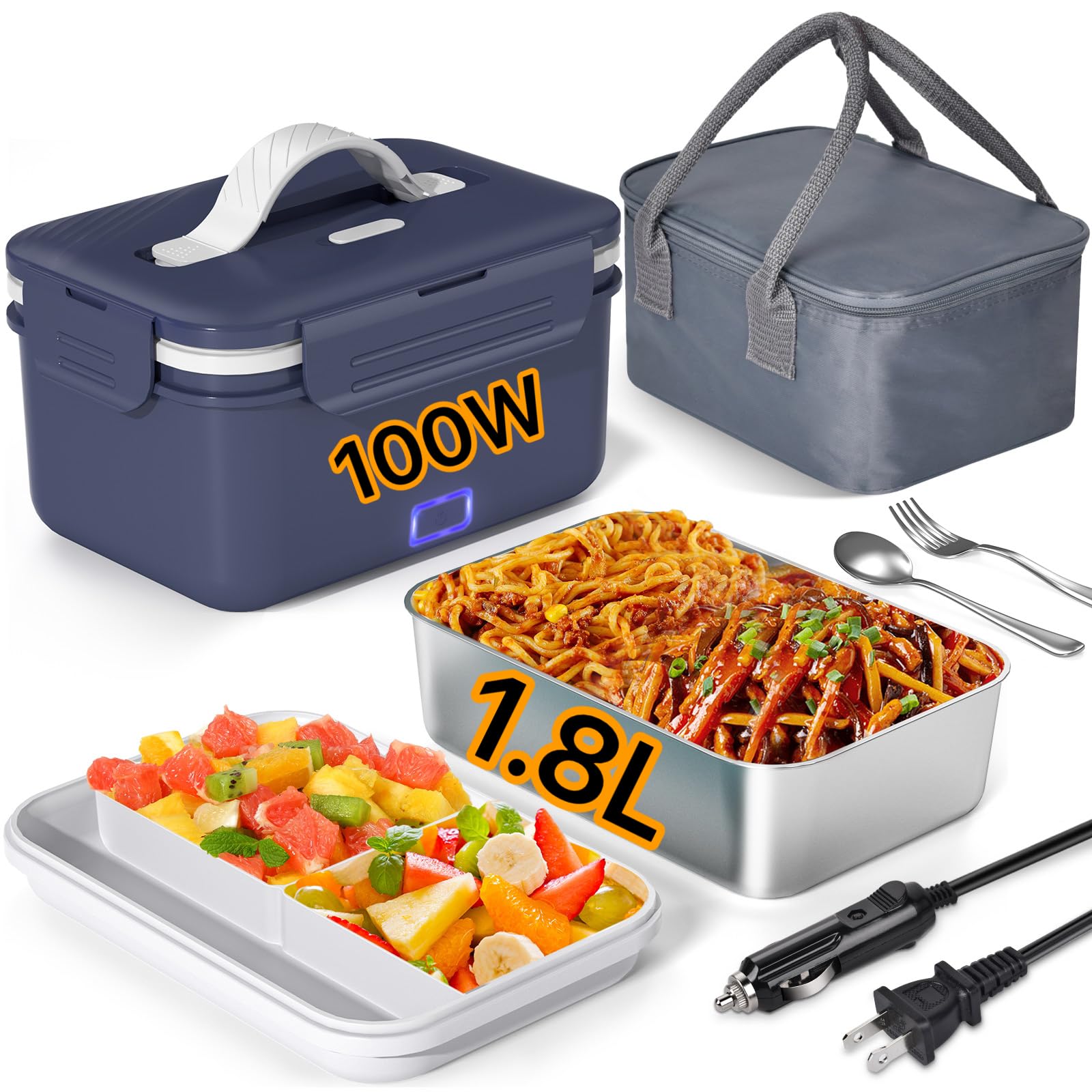 Akhia Electric Lunch Box for Adults, 100W/1.8L Heated Lunch Box for Men Work/Car/Truck, Portable Food Warmer Lunch Box Upgraded with Fork&Spoon and Insulated Carry Bag, 12V/24V/110V