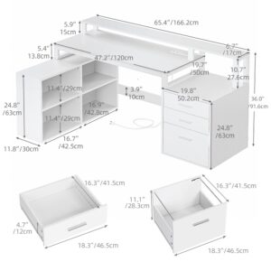 DWVO L Shaped Desk with Power Outlets & LED Lights, 65" Computer Desk with Drawers, Corner Desk Office Desk with File Cabinet & Printer Stand, White