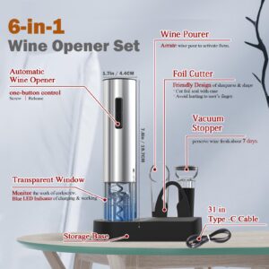 Oaklete 6-in-1 Electric Wine Opener Set Rechargeable Electric Wine Bottle Opener can Open 80 Bottles Once Charging and 3+ Months Lasting, Gift for Wine Lovers（Stainless Steel ）