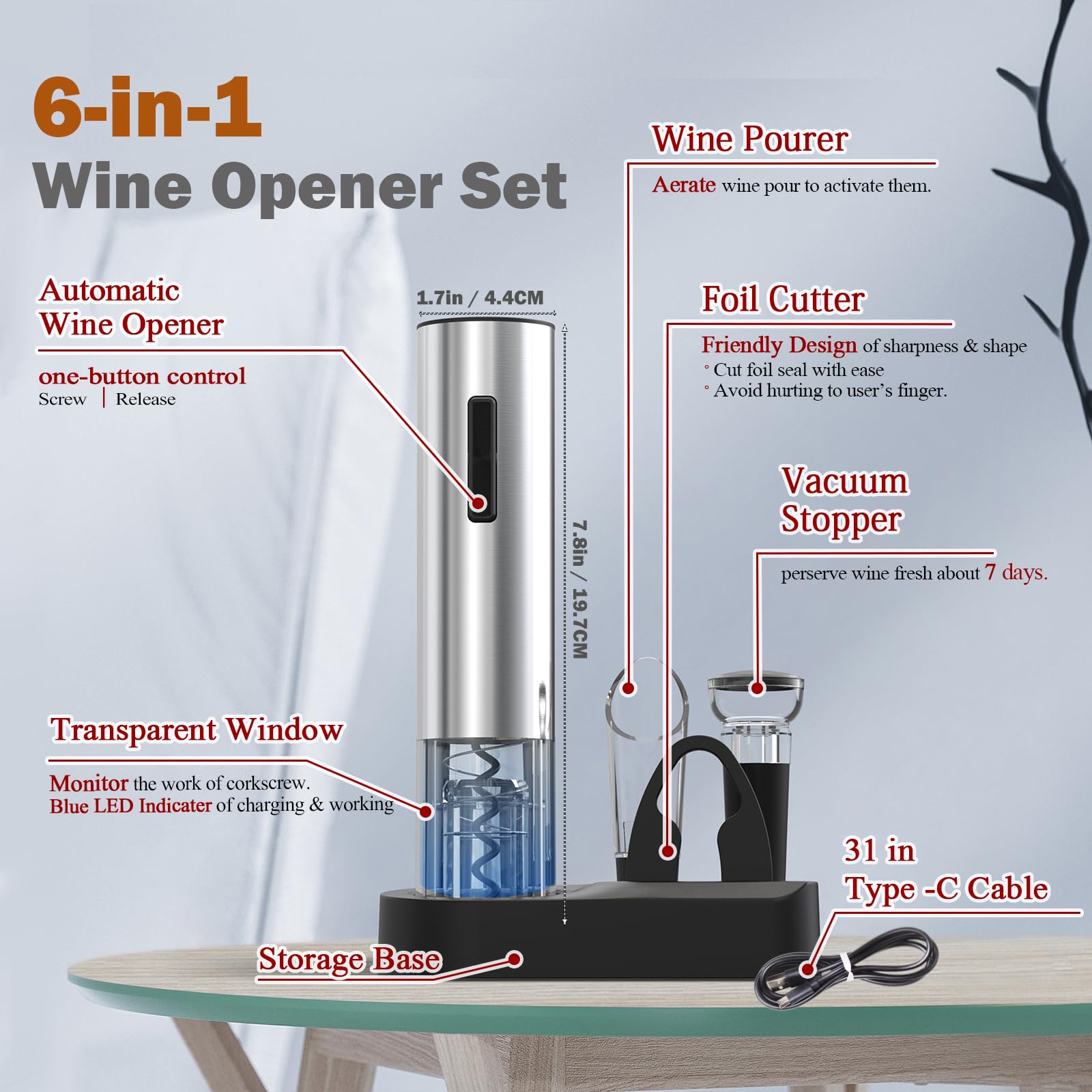 Oaklete 6-in-1 Electric Wine Opener Set Rechargeable Electric Wine Bottle Opener can Open 80 Bottles Once Charging and 3+ Months Lasting, Gift for Wine Lovers（Stainless Steel ）