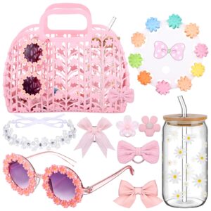 dingion 26 pcs flower girl gifts set with jelly bag purse straw cup sunglasses hairpins hair ring headpiece accessory flower girl proposal gift set for wedding bridal engagement party (daisy style)