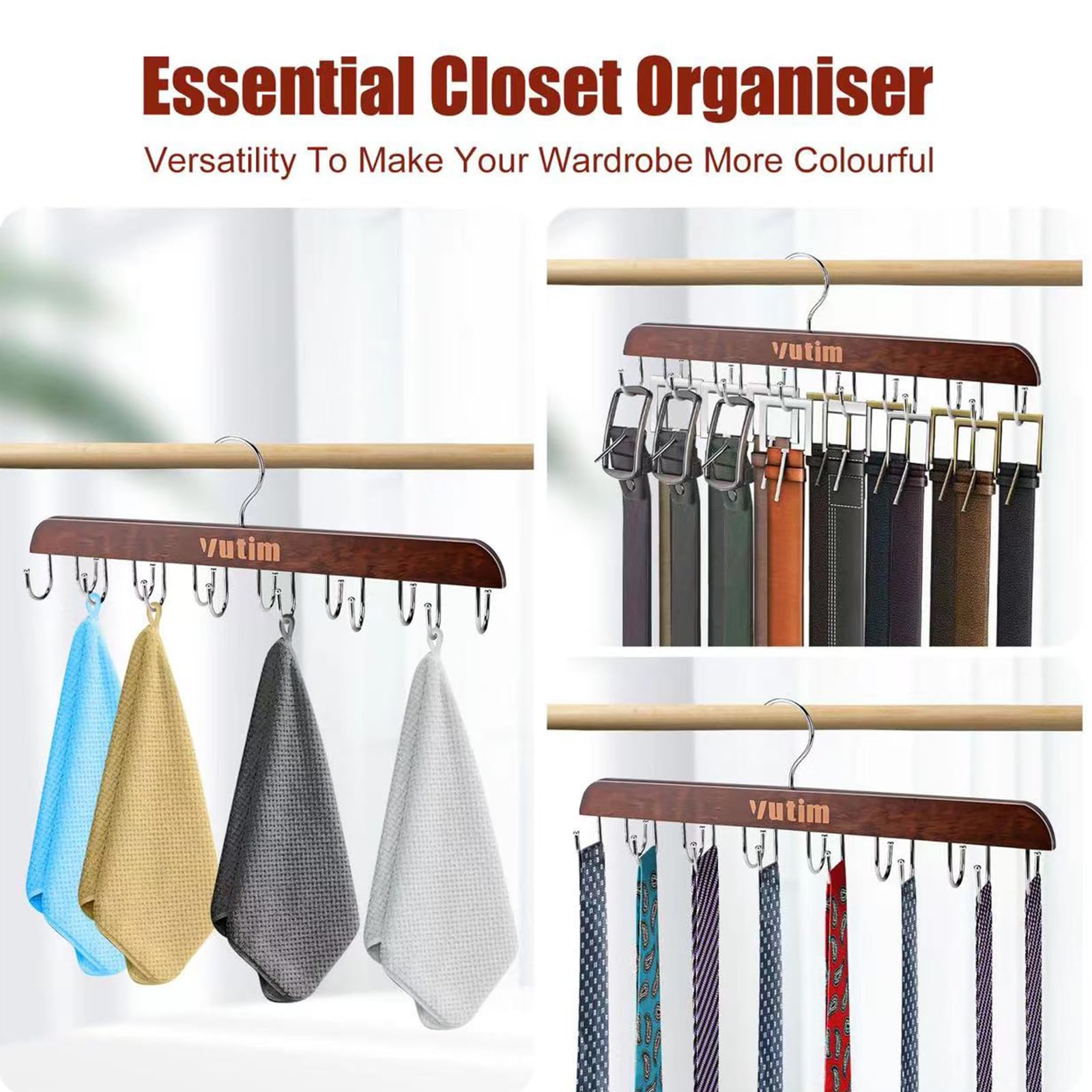 Belt Hooks, Vutim Wardrobe Belt Hanger, 14 Swivel Quality Hooks, Large Capacity Wooden Belt Organizer, Space Saving Belt Hanger for Belts, Ties, Vests, Bras, Hats