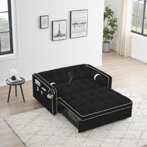 LITVZ Love Seat Sleeper Bed, 3 in 1 Convertible Sleeper Sofa Couch with Pull Out Bed, Velvet Futon Sofa Bed with Phone Holder, Pillows and Pockets for Living Room Apartment Small Place (Black)