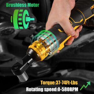 Electric Ratchet, Cordless Ratchet Wrench 3/8" Compatible with DEWALT 20V Battery, 74Ft-lb, 580 RPM, Variable Speed Trigger, LED Light, 3/8" to 1/4" Adapter, 9 Sockets, No Battery Included