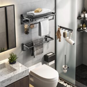 Towel Racks for Bathroom 24in, Black Towel Rack Wall Mounted, Foldable Bathroom Towel Rack with Shelf, Towel Holder with Towel Bar, Drilling/Adhesive Wall Towel Rack for Rental/Laundry,5 Sliding Hooks