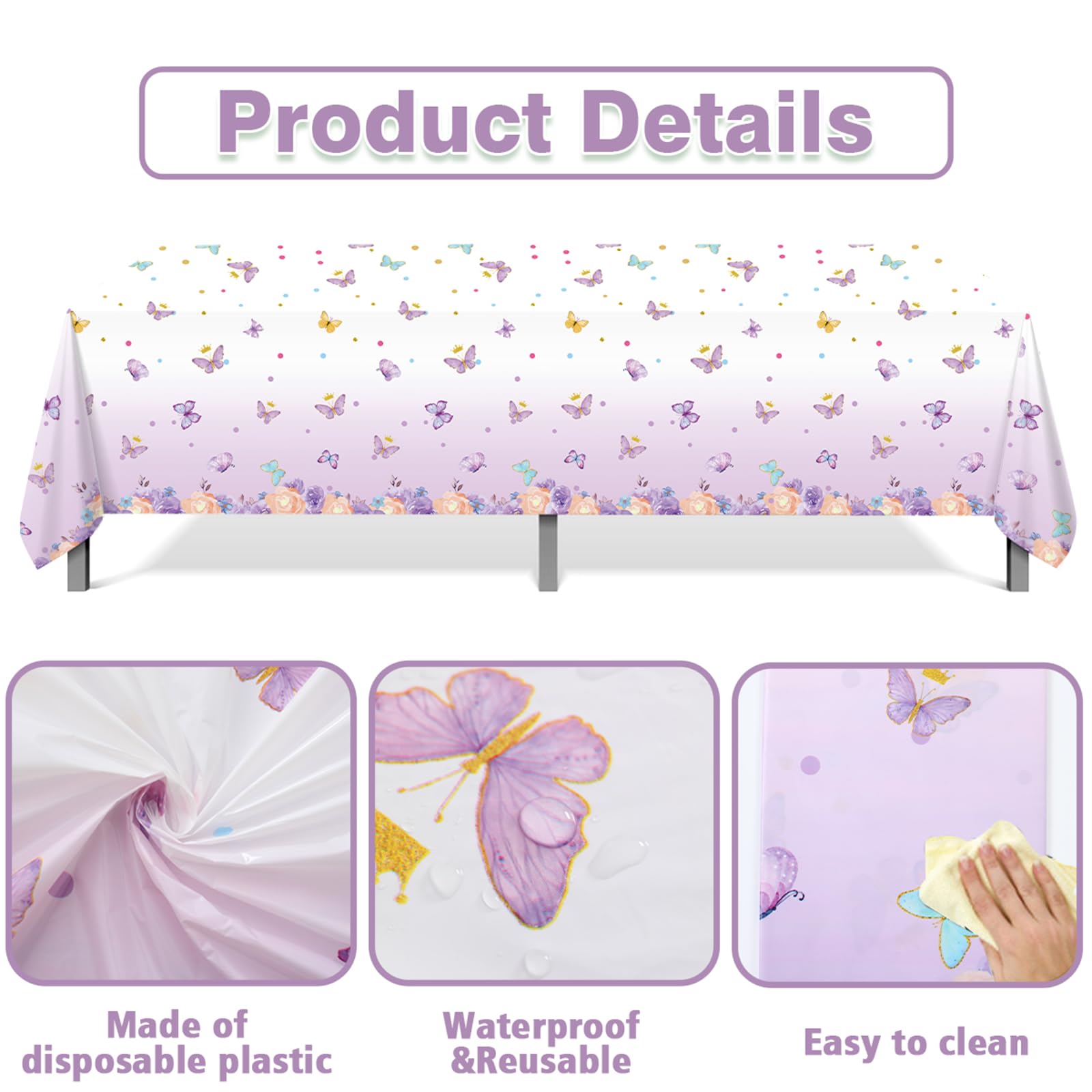 Butterfly Birthday Decorations Disposable Tablecloths - 3 Pcs Purple Birthday Butterfly Waterproof Table Covers, Butterfly Baby Shower Decorations for Girls, Spring Themed Table Party Supplies