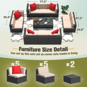 Greesum Patio Furniture Sets 12-Pieces Outdoor PE Rattan Sectional Sofa with Thickened Cushions and Glass Coffee Table, Onesize, Beige