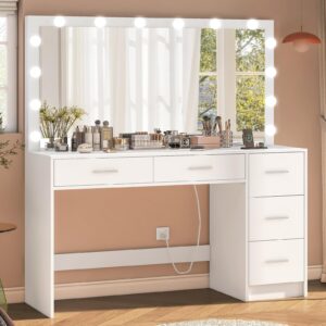 FIONESO 47.2" Large Vanity Desk with Mirror & 14 LED Lights, Makeup Vanity Table with 5 Drawers & Charging Station, Makeup Vanity Desk, 3 Lighting Colors, Dressing Vanity Table for Bedroom, White