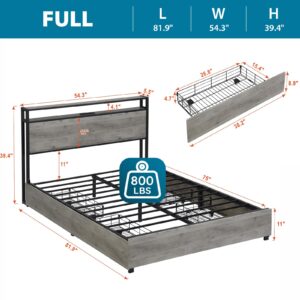 Kiivakii Full Size Bed Frame with Headboard, LED Platform Bed with 4 Storage Drawers, Built in Charging Station, Noise-Free, Metal Support Base, No Box Spring Needed, Gray