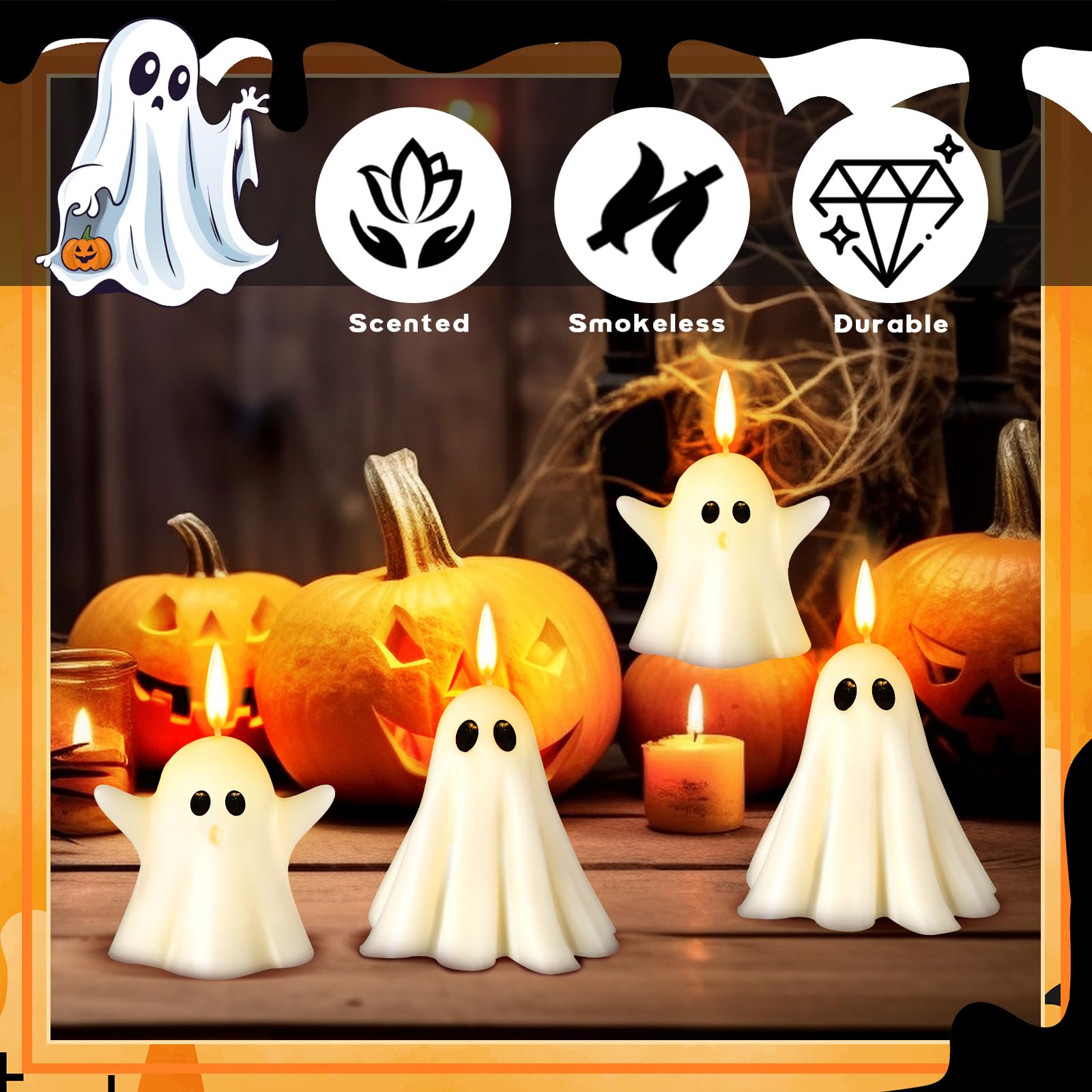 Conelist 6 Pieces Halloween Large Ghost Candles White Spooky Ghost Scented Candles Halloween Candles Horror Gifts Candle Tea Lights Goth Room Decor for Dining Table Party Bedroom(Cute Style)