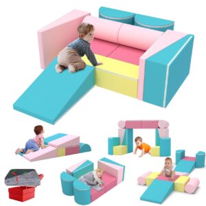 bierum kids couch, 12pcs modular kids play couch with blanket, color-blocking toddler couch for playroom, convertible kids foam climbing play set, imaginative creative play sofa for boys & girls