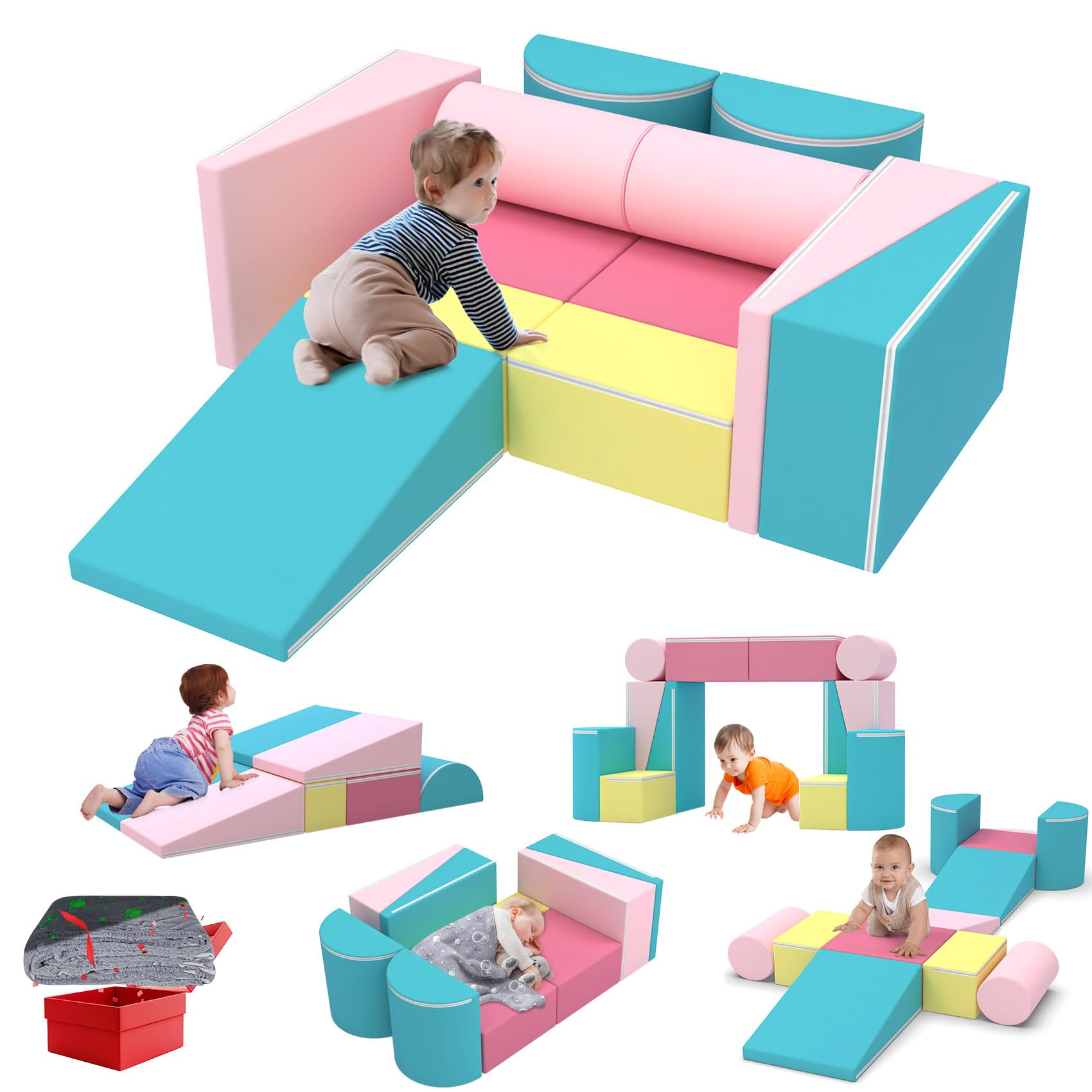 BIERUM Kids Couch, 12PCS Modular Kids Play Couch with Blanket, Color-Blocking Toddler Couch for Playroom, Convertible Kids Foam Climbing Play Set, Imaginative Creative Play Sofa for Boys & Girls