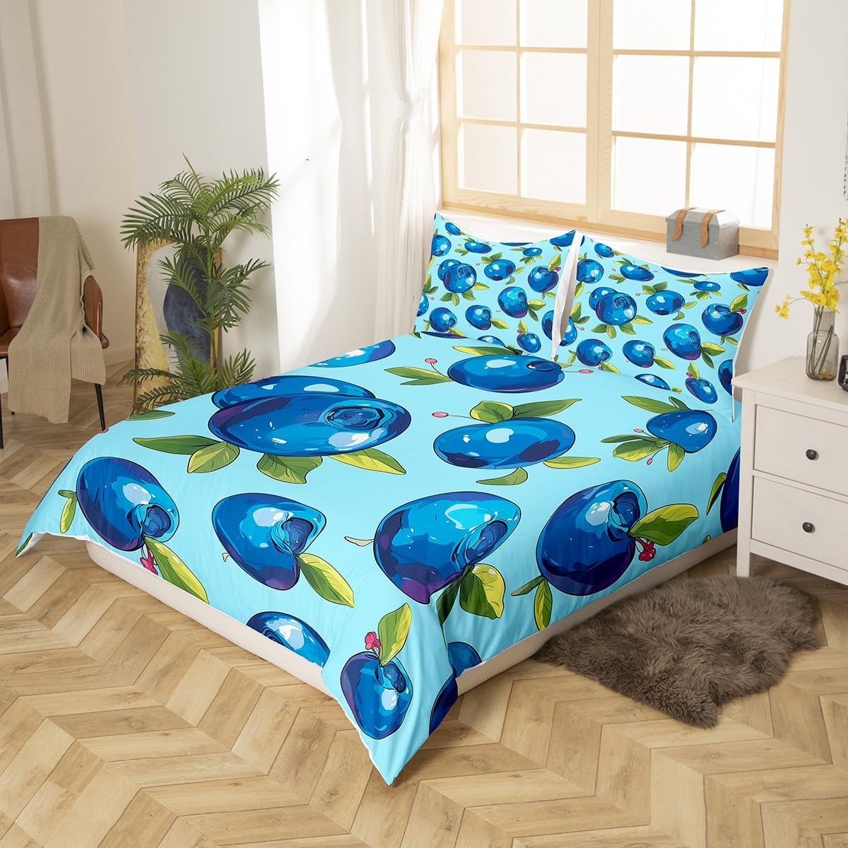 Manfei Cartoon Blueberry Kids Duvet Cover Set Queen Size,Summer Tropical Fruits Bedding Set,Boys Girls Room Decor,Hawaii Summer Beach Comforter Cover,Blue Green Quilt Cover,2 Pillowcases