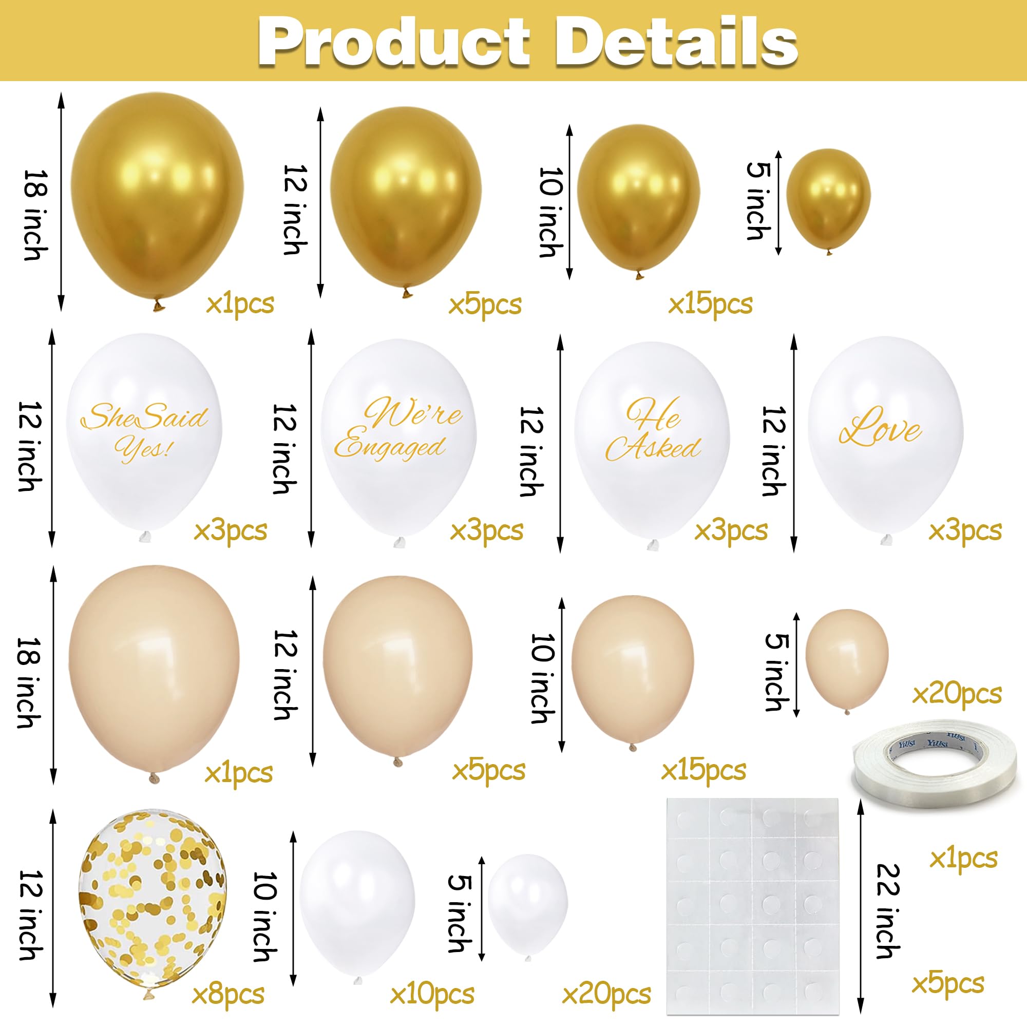 132 PCS Engagement Balloons Garland Arch Kit Balloon White Sand Gold Confetti Balloons Garland for Bridal Shower Engagement Wedding Party Decoration