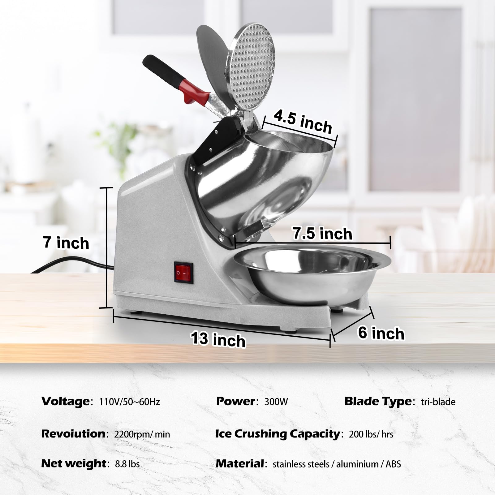 Electric Shaved Ice Machine,with Ice Pick and Scoop,3 Blades of Electric Snow Cone Machine(300W 2200r/min),Splash Proof Ice Shaver Machine,Ice Crusher Machine for Home Commercial Use (Silver)