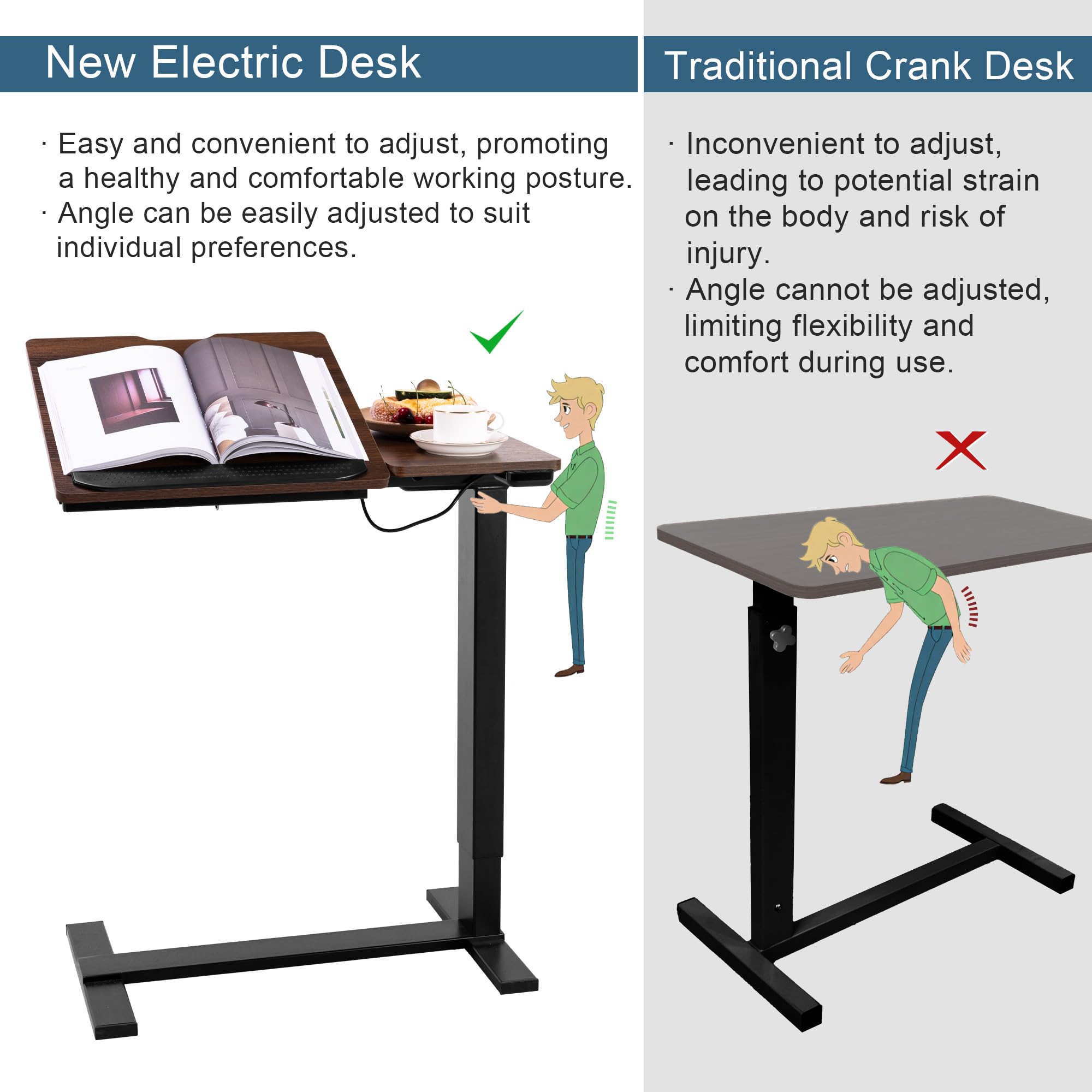 Fromann Electric Height Adjustable Standing Laptop Desk Movable Sit to Stand Desk, Overbed Bedside Laptop Table with Tilting Board and Wheels for Home Office (Black Walnut)